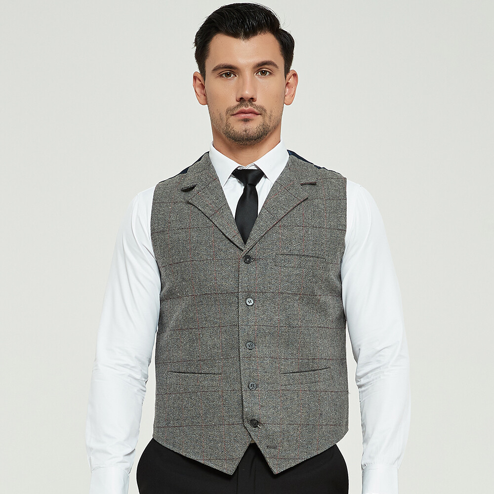 Fashion Mens Plaid Vests Wool Herringbone Tweed Waistcoat Suit Lapel