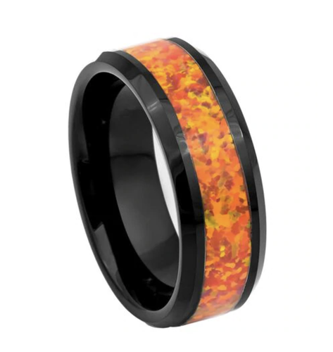 8mm-Men-039-s-Synthetic-Orange-Opal-Inlay-Black-IP-Plated-Tungsten-Wedding-Band-Ring