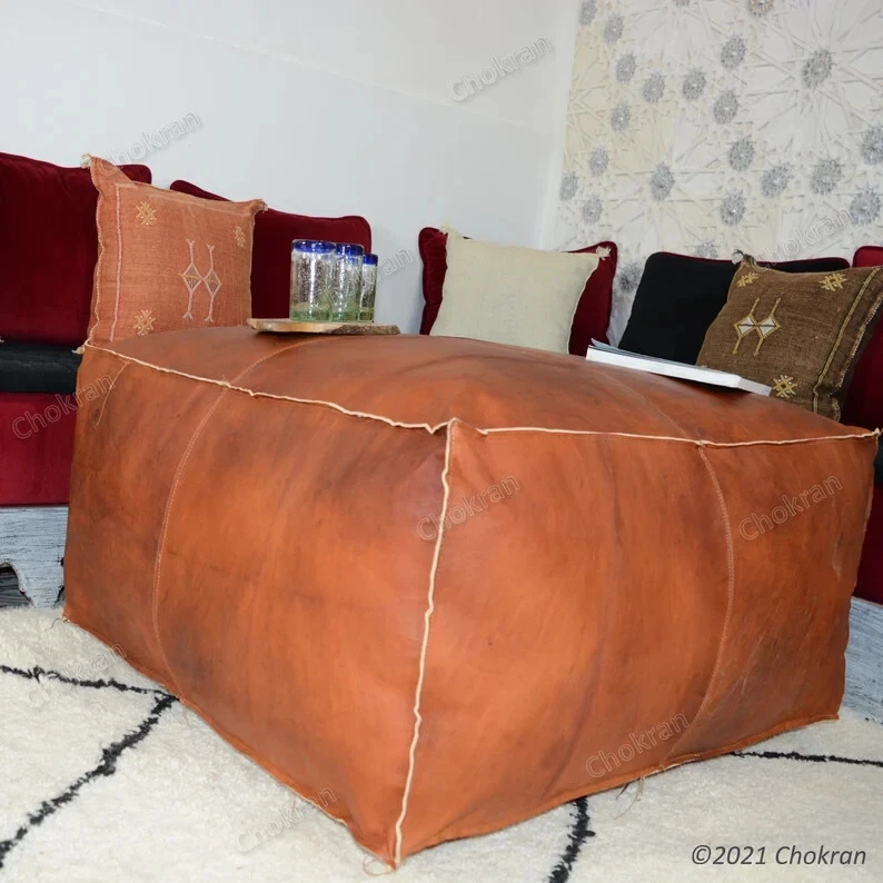 Leather Footstool Pouffe Boho Moroccan 30'' Unstuffed Study and Living Room Deco - Image 3 of 4