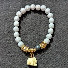 Gold Tone Grey Crackle Beaded Elephant Charm Stretchy Elastic Statement Bracelet
