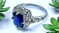 925 Sterling Silver Blue Sapphire Filigree Ring Size 9