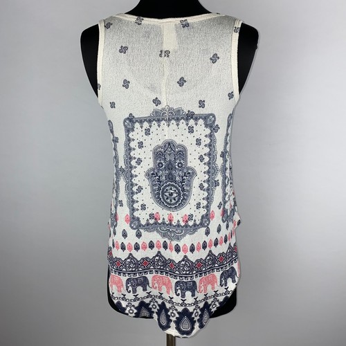 Camiseta sin mangas Scotty S multicolor tejida estampada dobladillos redondeados Boho Festival Hippie JU - Imagen 10 de 12