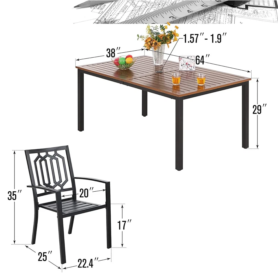 Juego de mesa y sillas de comedor de patio exterior de 7 piezas con orificio para sombrilla 6 sillas Foto 4 de 4