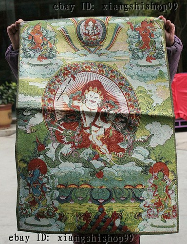 Panno buddismo tibetano cavalcata seta drago bianco Jambhala ricchezza dio Thangka Thanka - Foto 2 di 5