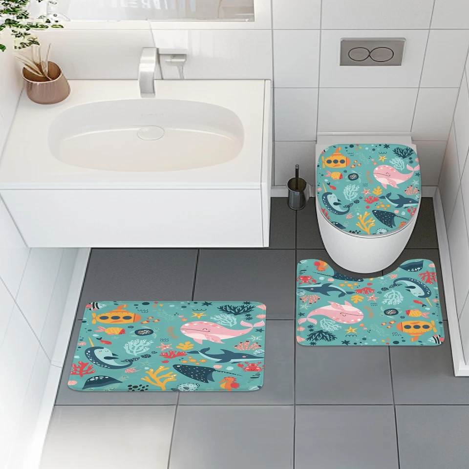 Juego de 4 cortinas de ducha para niños verde azulado 72Wx72H océano divertido dibujos animados ballena ba... Foto 2 de 4