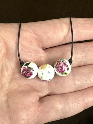 Painted Porcelain Beaded Necklace On Leather Adjustable Cord Minimalist Boho