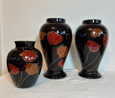 3 Vintage China Black Vases With Red Poppy Flowers Japan  with Gold Outlines