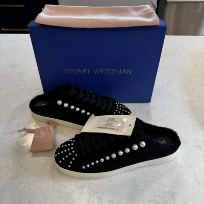 NIB Stuart Weitzman Goldie Black Velvet Embellished Pearl Sneaker Mule Size 40.5