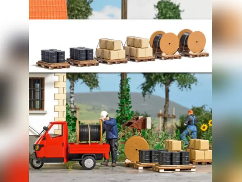 Palettes avec chargements Busch 10264 pour compléter un diorama industriel O