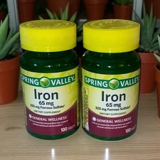 Spring Valley Iron 65 Mg Support Ferrous Sulfate 325 Mg, 100ct Ea Lot Of 2