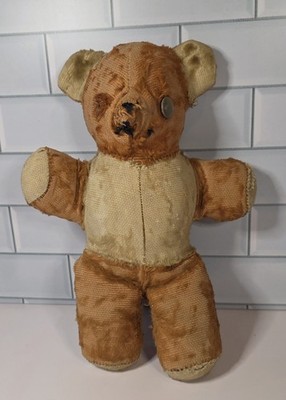 ANTIQUE PRIMITIVE TEDDY BEAR Stuffed with Button Eye 11'' Very Loved 