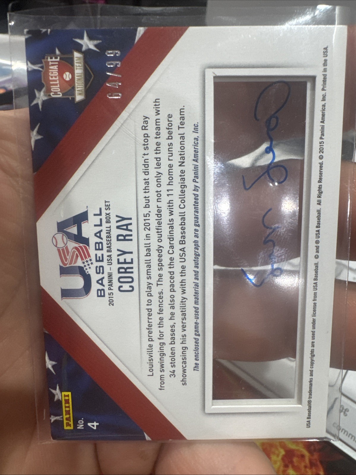 COREY RAY 2015 Panini USA Baseball Game Used PATCH AUTO # /99 Autograph Brewers view 2