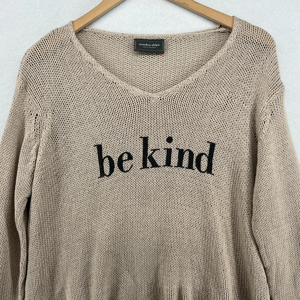 WOODEN SHIPS Sweater Womens M/L BE KIND Paola Beundia Open Knit Pullover Beige - Image 2 of 4