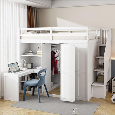 Loft Bed with Wardrobe, Desk & Storage Stairs for Kids & Teens - White