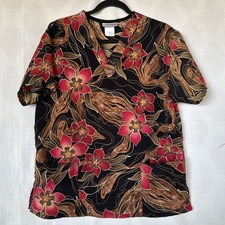 Hawaiian Uniform City floral Black Background 2 Pocket Scrub Top Size Small