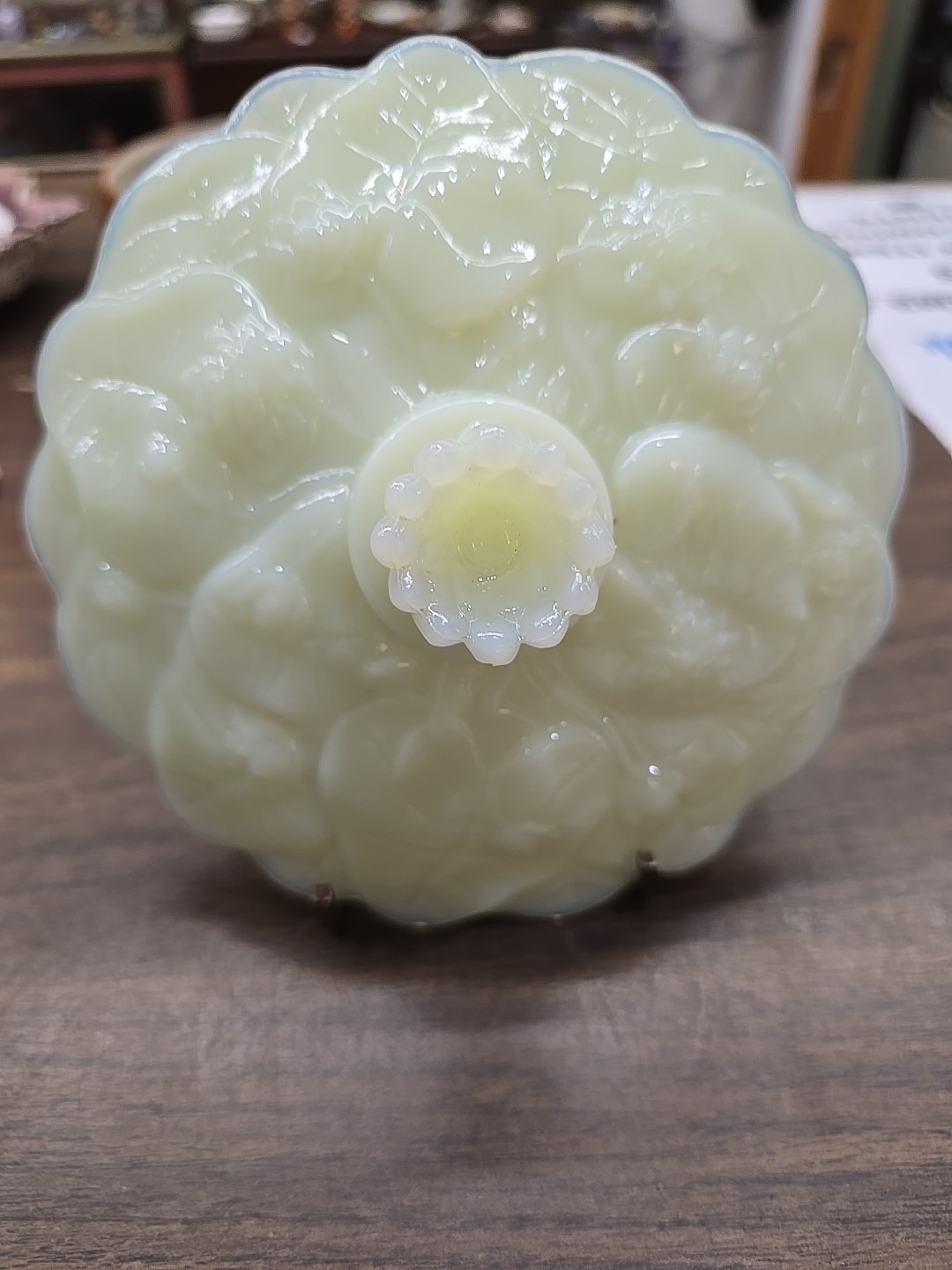 Fenton Water Lily Custard Lid For Footed Candy Dish. Uranium.