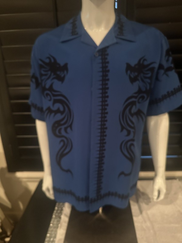 Vintage Dragonfly Button Shirt blue. Tribal graphics. Mens Size L party