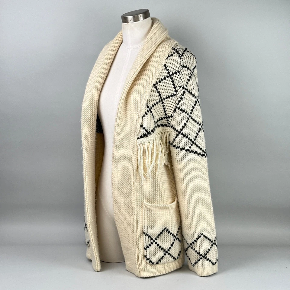 Cárdigan Suéter Línea y Punto Crema Negro Diamante Flecos Chal Cuello XS Foto 2 de 4