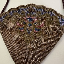 Vintage Beaded Fan Purse Brown Purple Art Deco Evening Bag