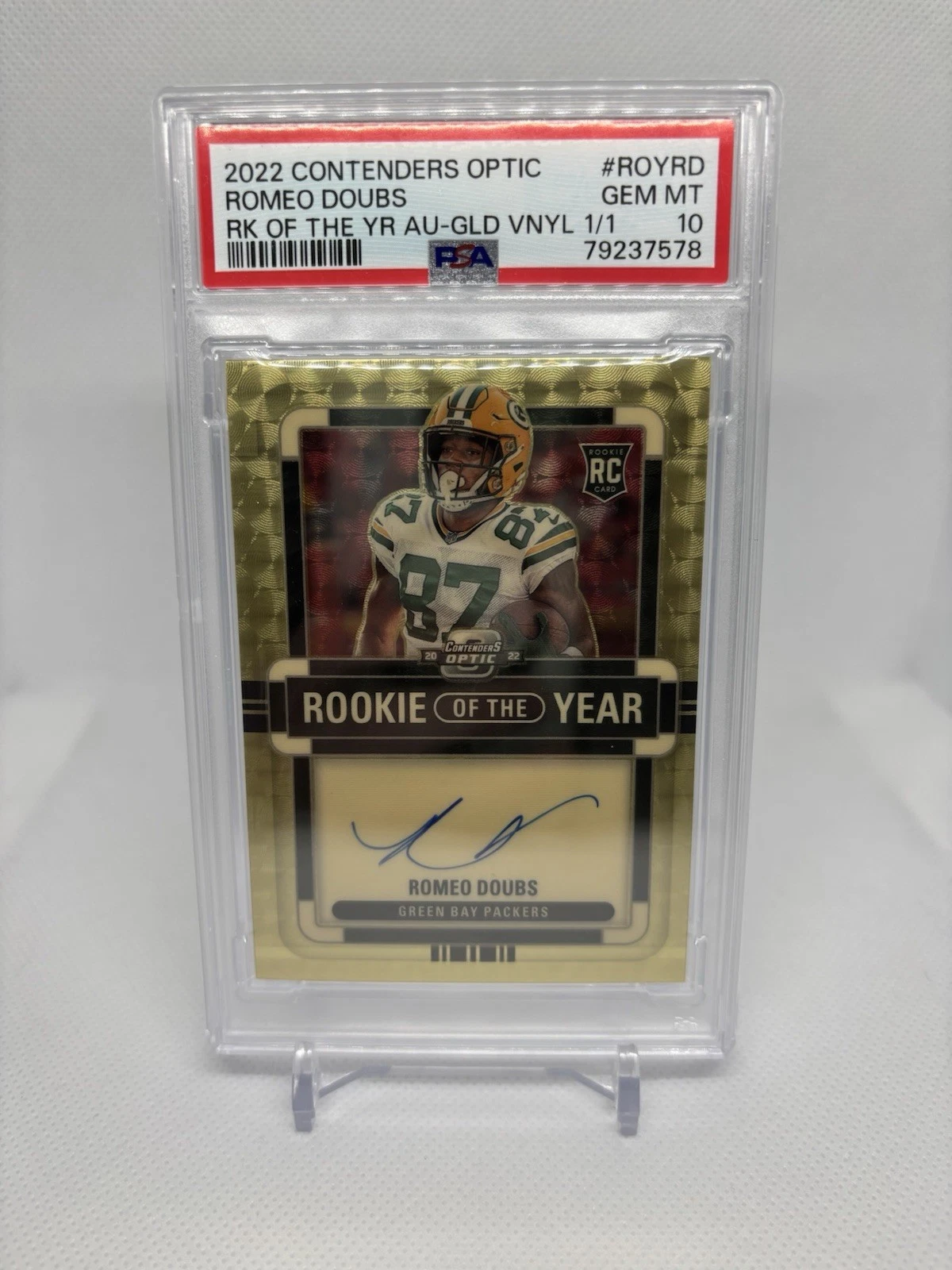 Romeo Doubs Panini Contenders Optic Rookie of the Year Contenders Autographs #ROYRD Gold Vinyl 1/1