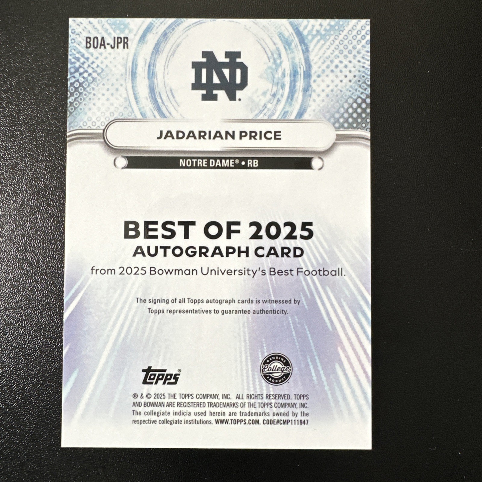 2025 Bowman Best U Jadarian Price The Best Of 2025 Auto Gold #’d/50 Notre Dame