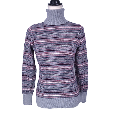 LL Bean Fair Isle Sweater XS Turtleneck Multi Color Stripe Cotton Cashmere