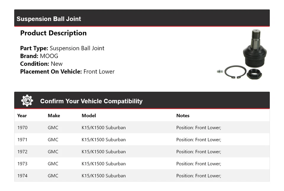For 1970-1974 GMC K15/K1500 Suburban Suspension Ball Joint Front Lower MOOG 1970 - Image 2 of 4