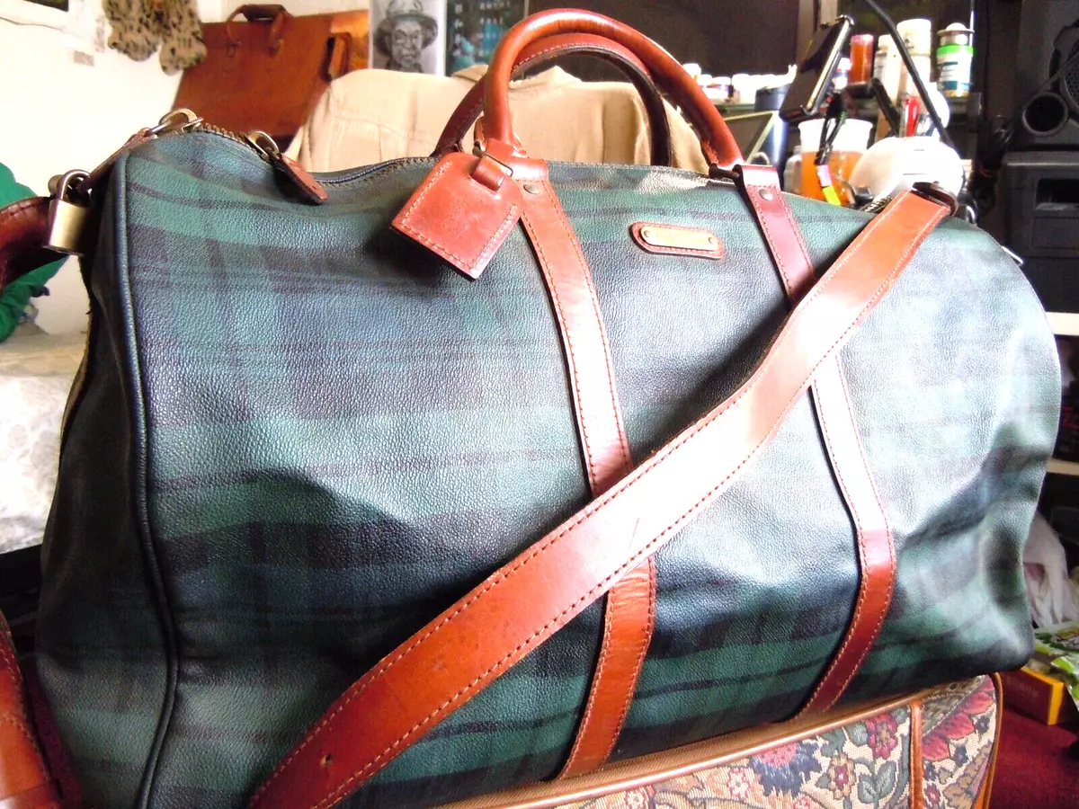 VTG Auth POLO Ralph Lauren Vintage Check PVC Leather Travel Boston Bag 23”