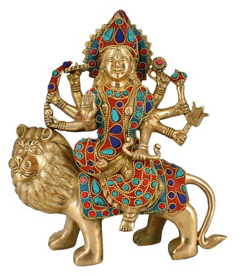 Whitewhale Brass Maa Durga/Ma Sherwali Idol Sitting On Lion Murti Statue
