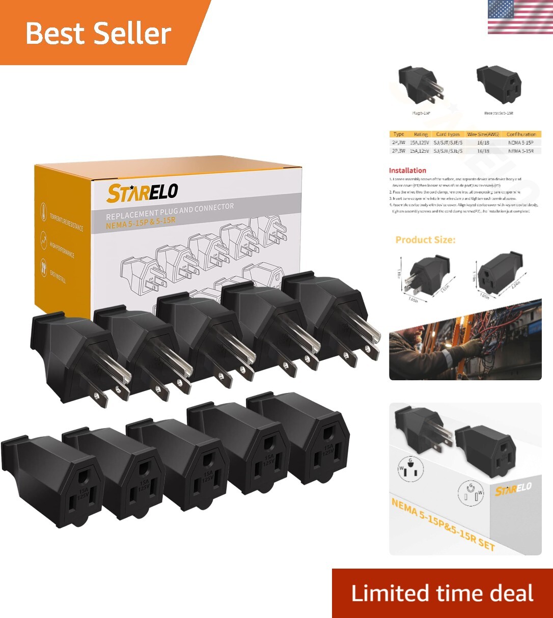 Replacement Electrical Plugs: 5 Set NEMA 2 Pole 3 Wire Male/Female Connectors