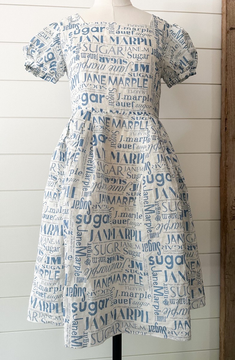 Jane Marple Sugar Logo Dress sz M Medium Blue Ivory White RARE