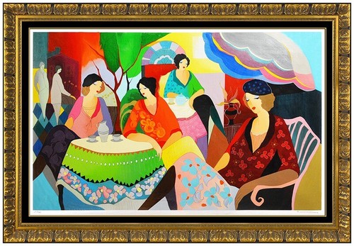 Itzchak Tarkay Large Original Embossed Serigraph Noonday Chat Signed Framed Art - Picture 2 of 6