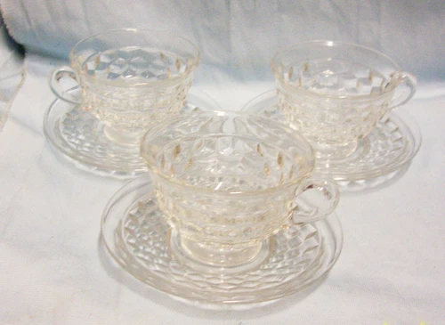 CUPS And SAUCERS Set of 6 Vintage FOSTORIA AMERICAN CLEAR Flare Cube Motif  (A1)