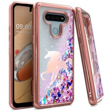 Funda TPU Brillo Líquido Flotante Oro Rosa Corazones Unicornio Para LG K51 y LG Q51