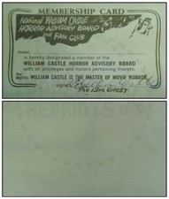 NATIONAL WILLIAM CASTLE HORROR ADVISORY BOARD & FAN CLUB CARD - VINTAGE REPRINT