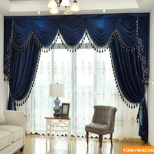 Luxury European blue thick Italian velvet cloth blackout curtain valance N948