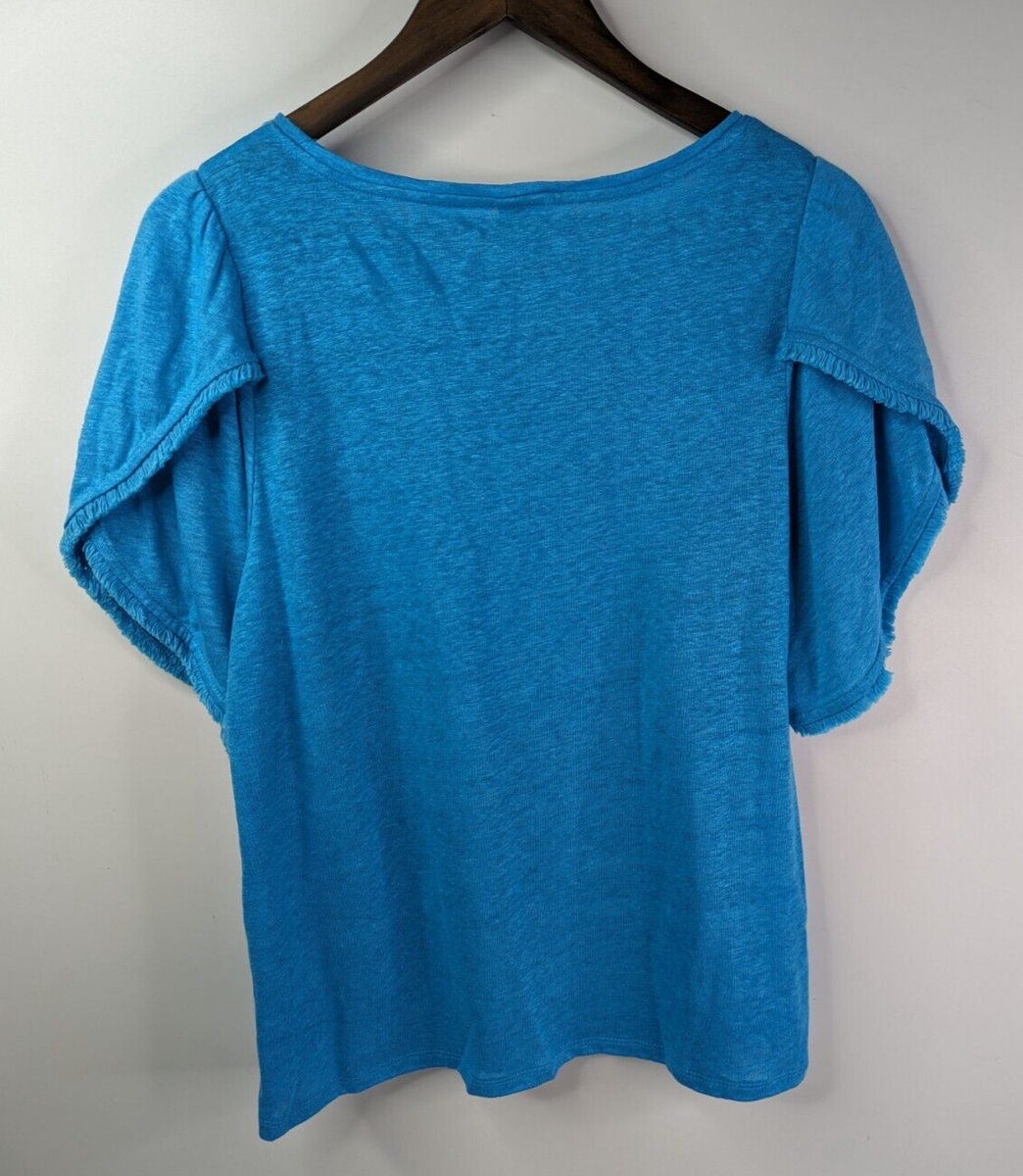 Chico's Women's Blue Knit Linen Short Flutter Sleeve Top Sz 0