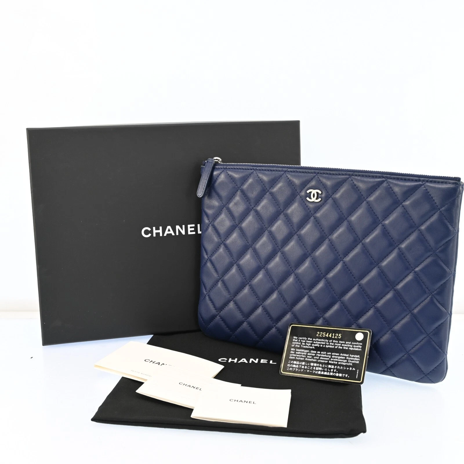 AUTH CHANEL CC Logos Lamb Skin Clutch Bag Leather Blue Italy F1180YT508