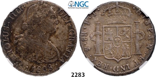 PegasusAuctions_com: 2283. Bolivia, Charles IV, 8 Reales 1808-PTS/PJ, NGC VF35