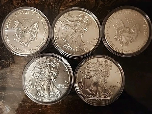 5 American Silver Eagles 1 oz Silver Each Uncirclated BU Condition 2016
