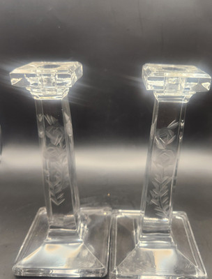 A Set Of 2 Crystal Candlestick Holders With Eched Flowers