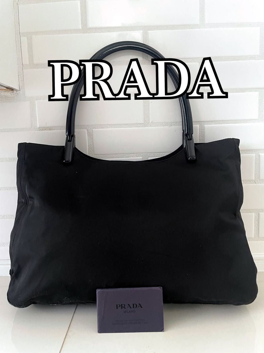 RARE PRADA Black Nylon Shoulder Bag with Triangle Logo & Plastic Handle