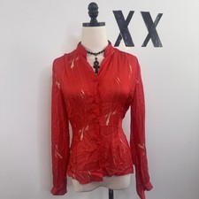 Vintage 80s Red Satin Abstract Print Blouse Mandarin Collar Fitted Top 11/12