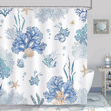 Nautical Coastal Shower Curtain, Blue Coral Seashell Starfish Ocean Beach