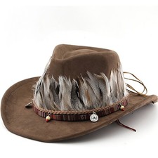 New Retro Suede Men's Feather Western Wide-Brimmed Cowboy Hat Wide-Brimmed Hat