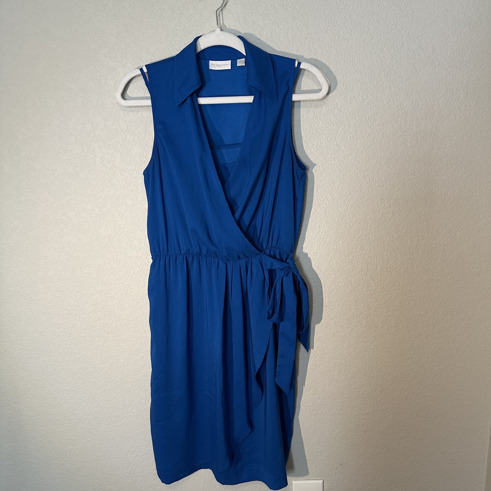 New York & Company Stretch Dress Wrap Sleeveless Collared Blue S