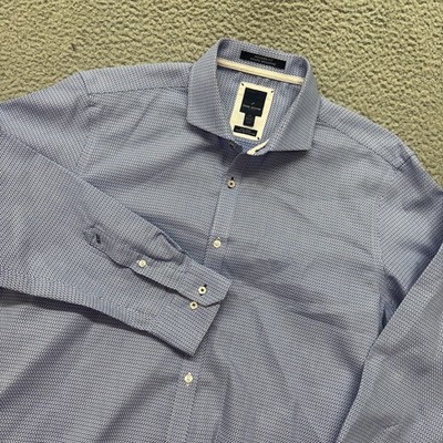 Daniel Hechter Paris Shirt Mens L Blue Geometric Modern Fit Long Sleeve Preppy