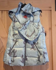New! My Anorak Women Sz L Long Nylon Hood Duck Down Vest Blue Camo Puffer w/Bag