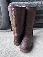 UGG  tall chocolate brown leather boots with embroidery, Uk size 8.5,EUR Size 41