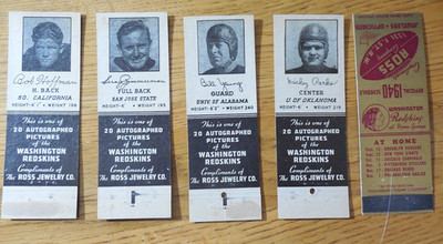 1940 Washington Redskins Ross Jewelry 5 Match Covers  Parks Todd Young Hoffman